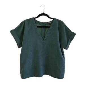 Madewell Dark Green Corduroy V Neck Top Rolled Sleeve Button Back Size Small